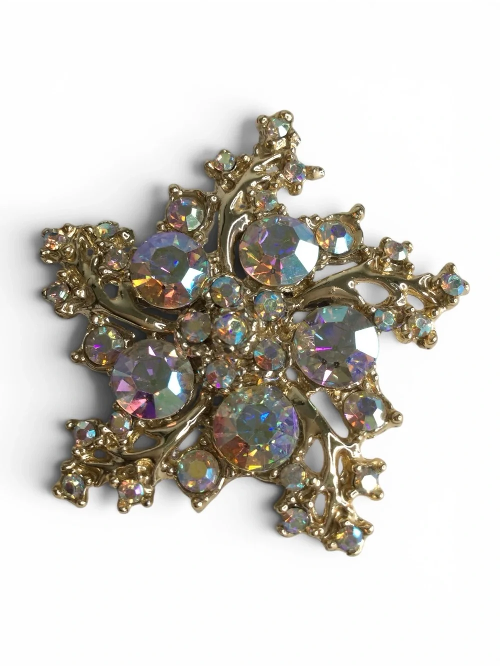 Vintage 1950s Satin Gold Abstract Starburst Brooch with AB Rhinestones - Picture 9 of 11